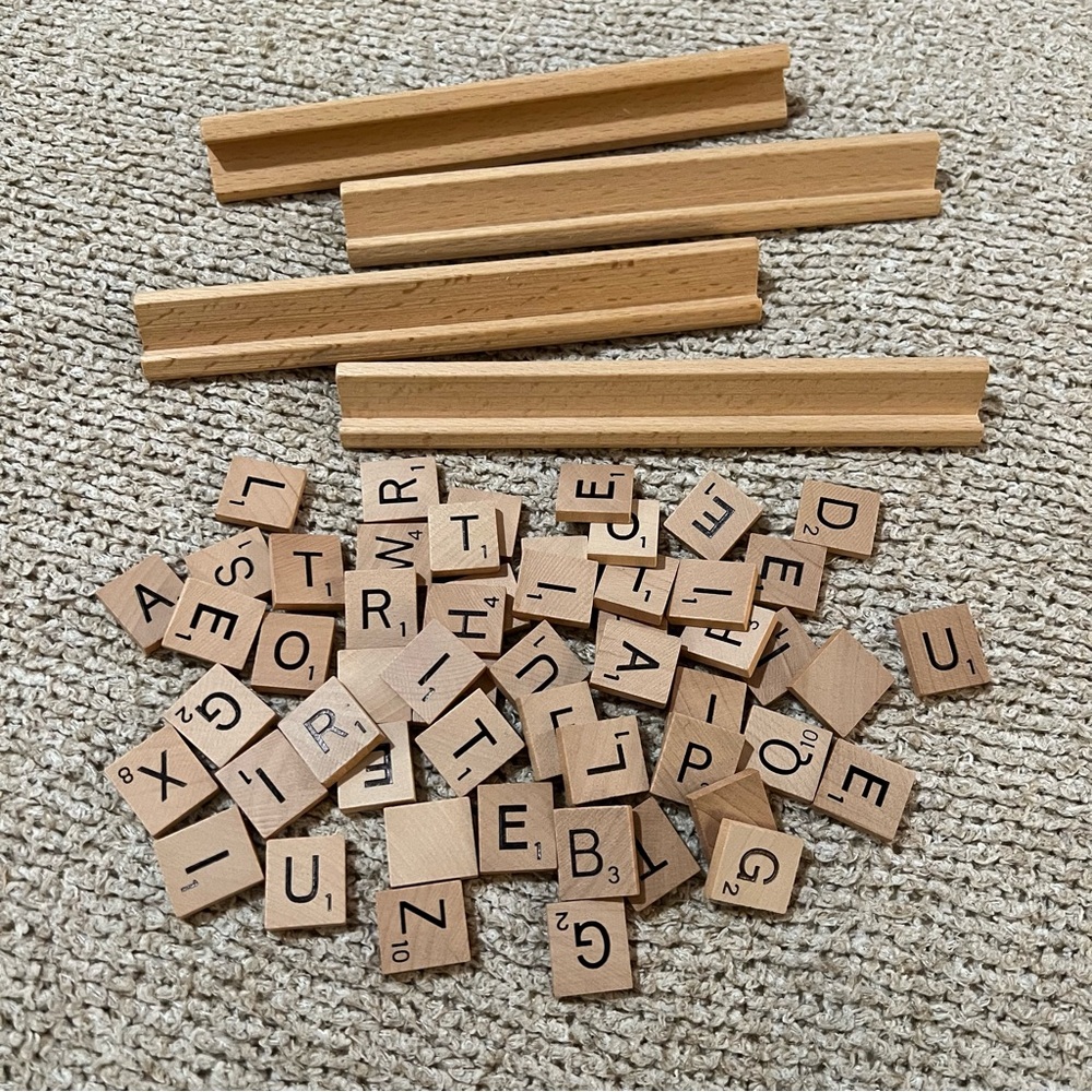 Wooden Letter Boards and Extra Scrabble Tiles in Black Bag